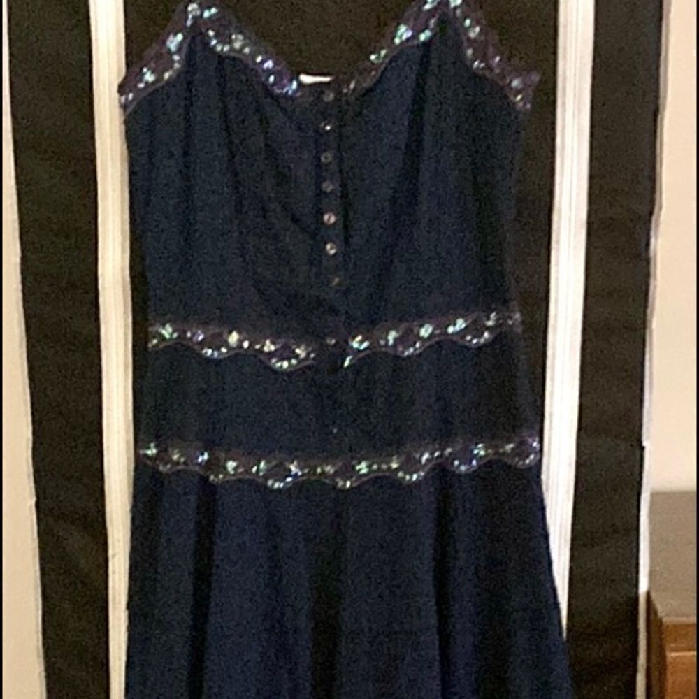 Vertigo Paris Navy Blue Cotton Eyelet Midi dress with Lace & Sequin deta…